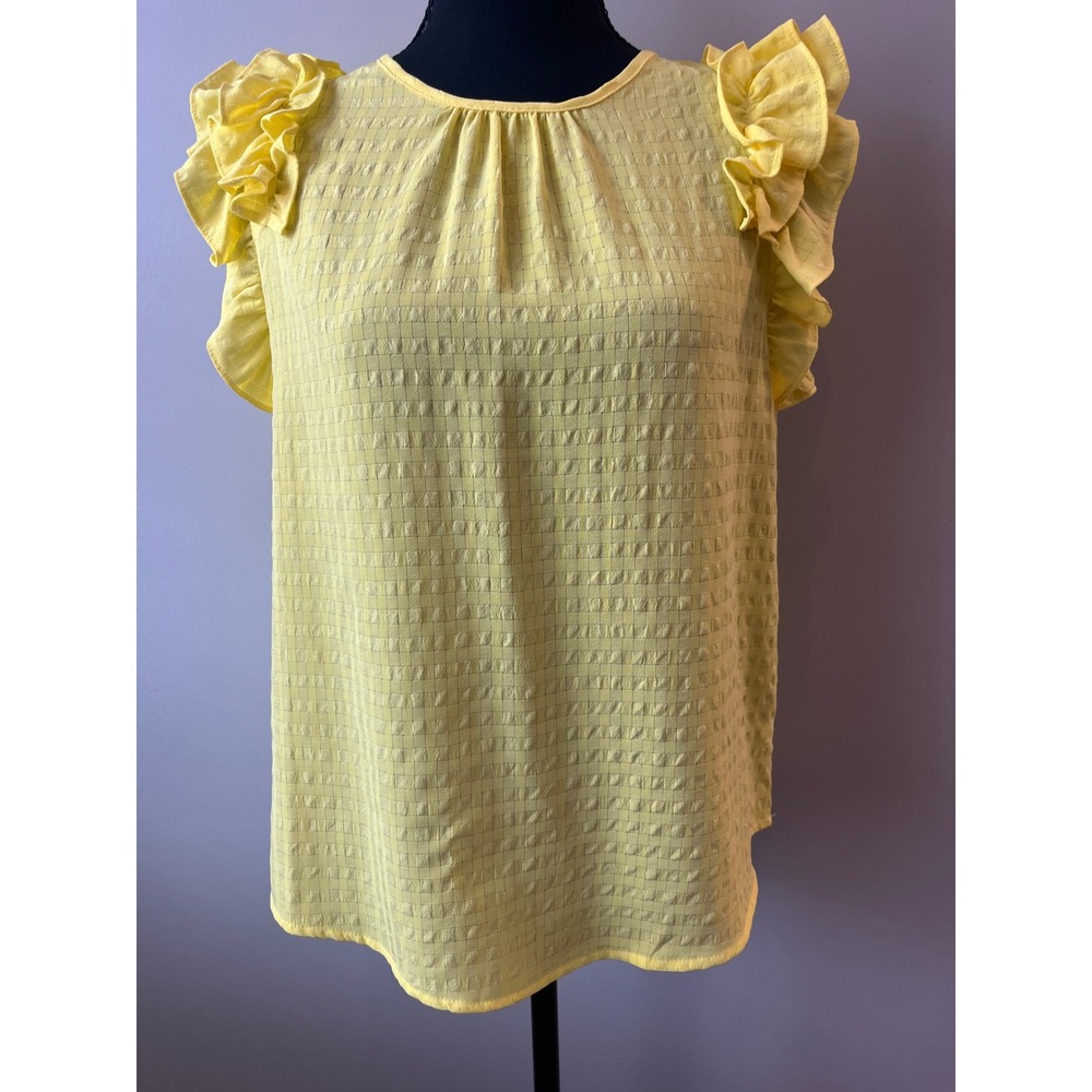 THML‎ Yellow Ruffle Cap Sleeve Textured Grid Blouse Top M